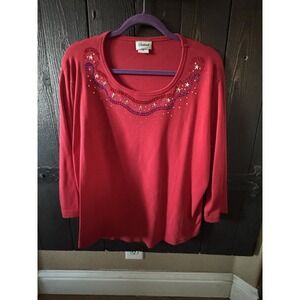Distinct Women's Red Sequin 3/4 Sleeve Round Neck Pullover Top Size 1x vntg #133